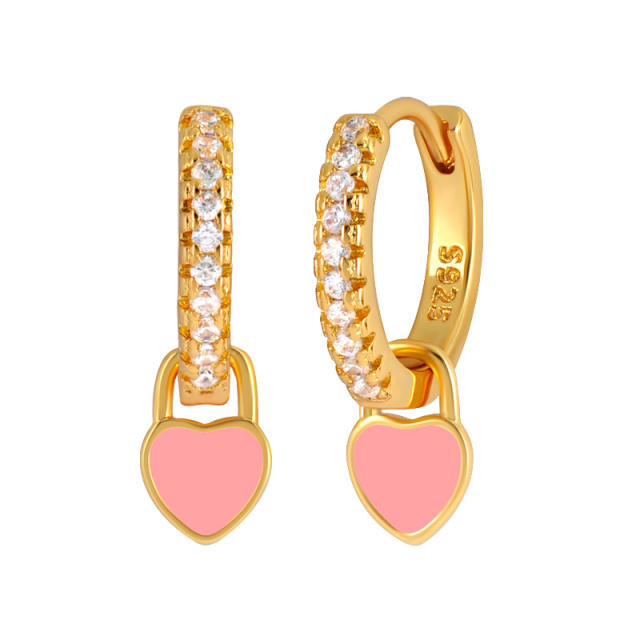 925 needle colorful tiny heart diamond copper huggie earrings
