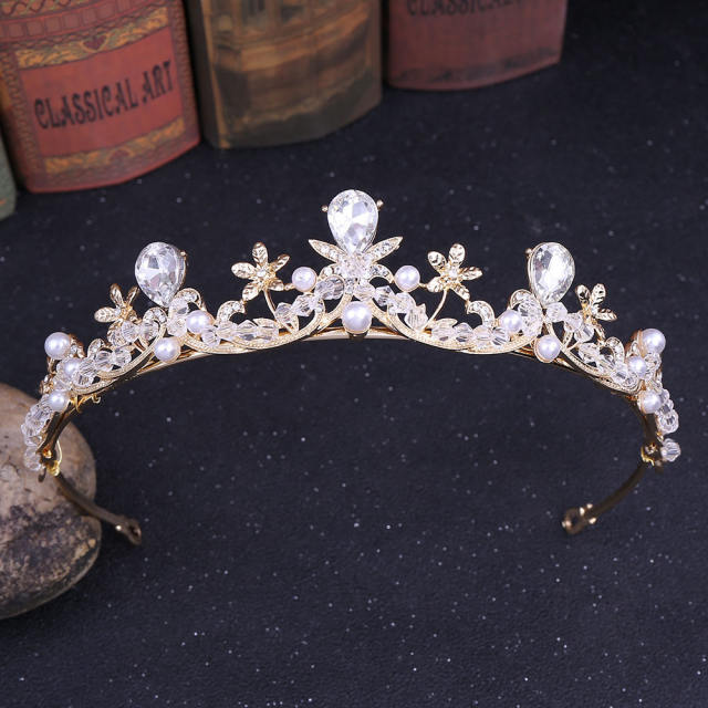 Korean fashion handmade diamond pearl headband crown