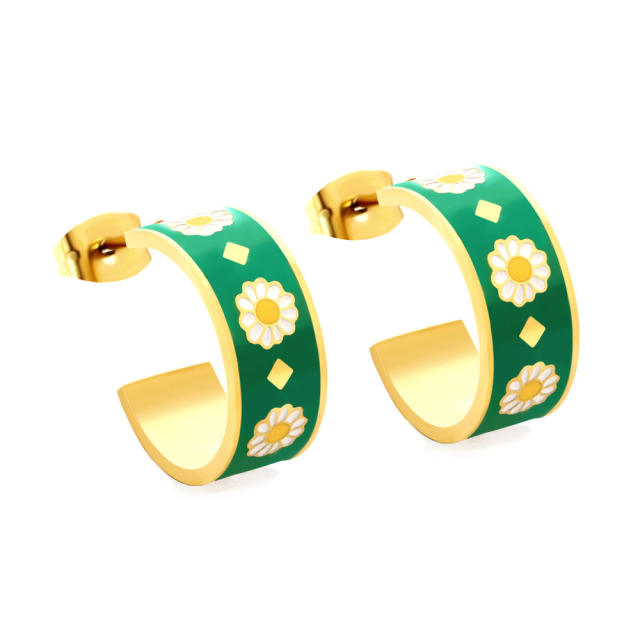 Vintage color enamel daisy open hoop stainless steel earrings