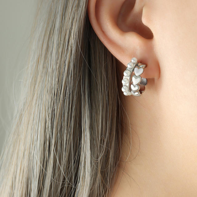 Vintage faxu pearl beads open hoop stainless steel earrings