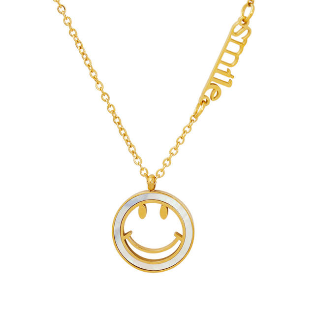 INS white shell hollow smile face pendant stainless steel necklace