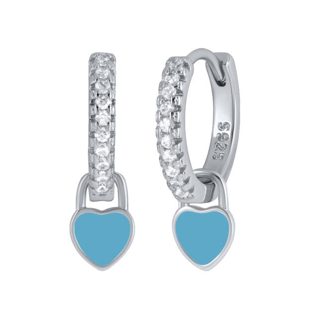 925 needle colorful tiny heart diamond copper huggie earrings