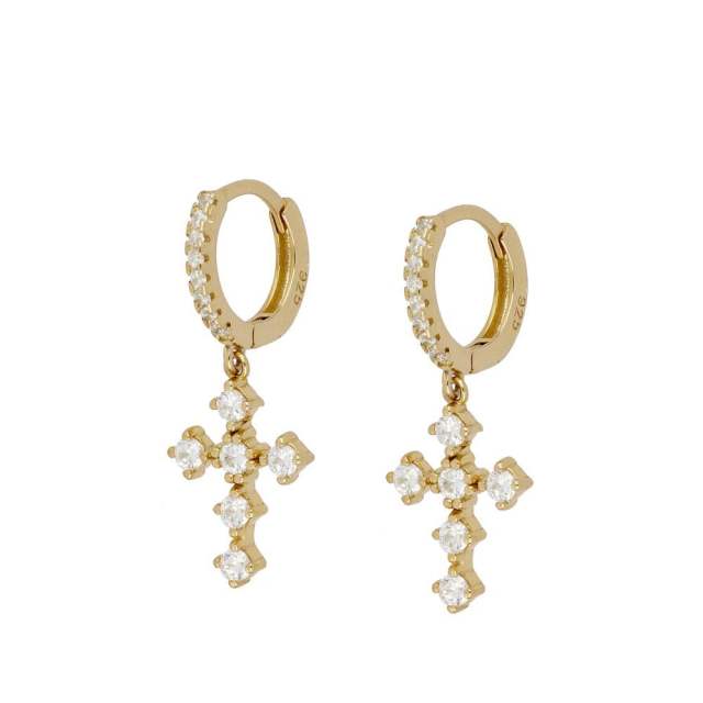 925 needle luxury color rhinestone cross copper huggie earrings