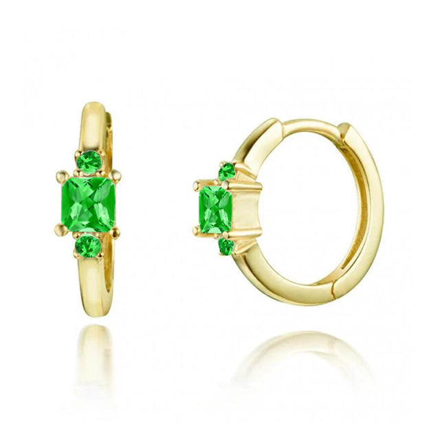 925 needle green color cubic zircon copper huggie earrings