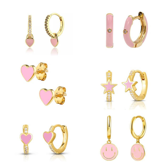 925 needle pink color series enamel copper huggie earrings