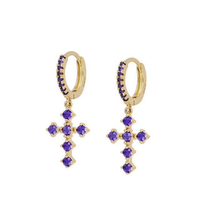 925 needle luxury color rhinestone cross copper huggie earrings