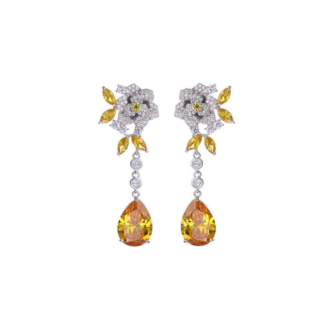 Elegant colorful cubic zircon drop flower earrings