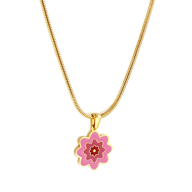 Color enamel flower pendant stainless steel necklace