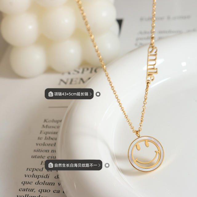 INS white shell hollow smile face pendant stainless steel necklace