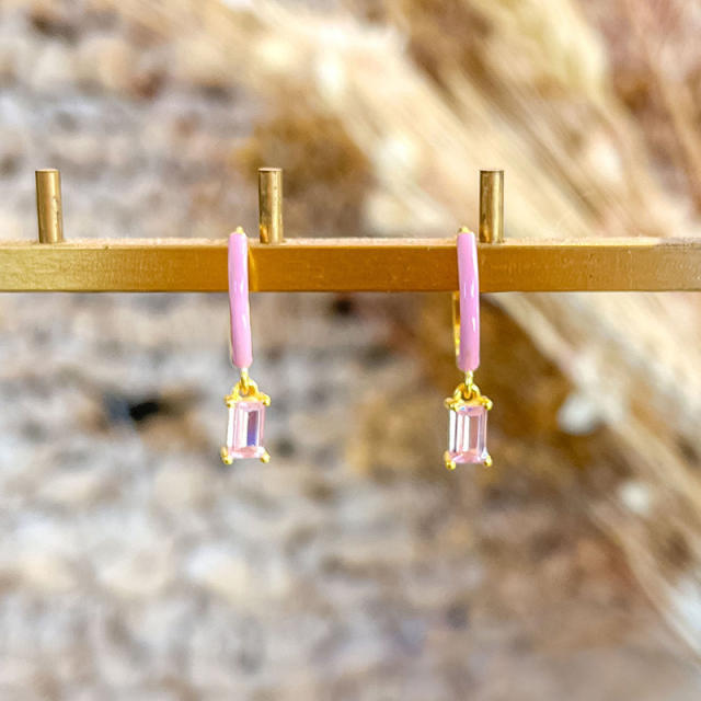 925 needle spring color enamel cubic zircon copper huggie earrings