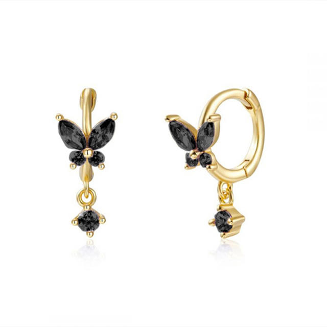 925 needle elegant color cubic zircon butterfly copper huggie earrings