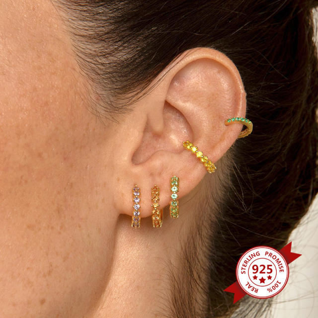 925 needle color cubic zircon copper huggie earrings