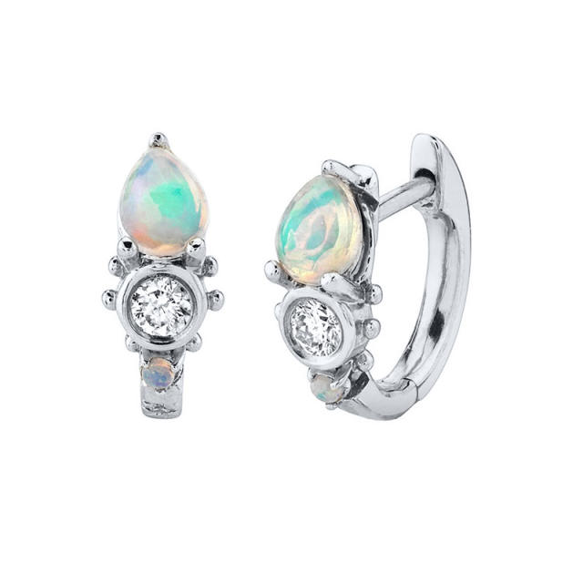 925 needle opal stone statement copper huggie earrings