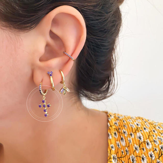925 needle amethyst statement copper huggie earrings