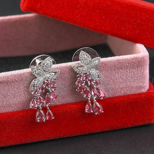 Occident fashion color cubic zircon tassel flower earrings