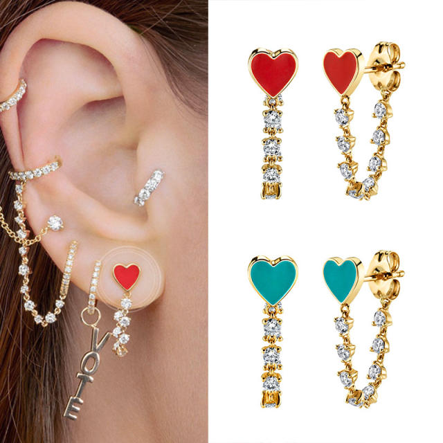925 needle enamel heart diamond chain copper huggie earrings