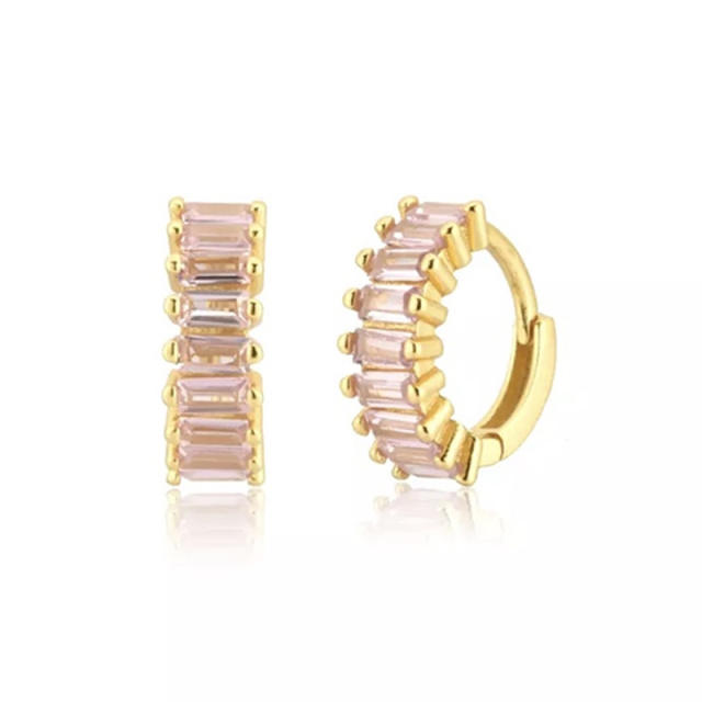 925 needle pink color cubic zircon series copper huggie earrings