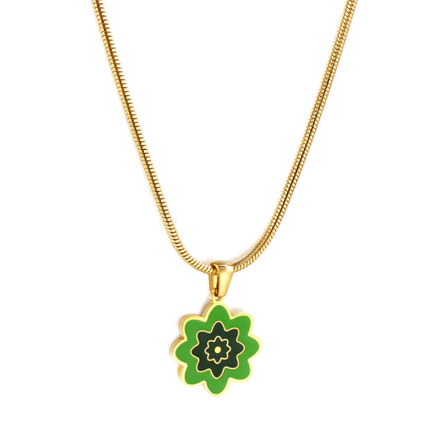 Color enamel flower pendant stainless steel necklace