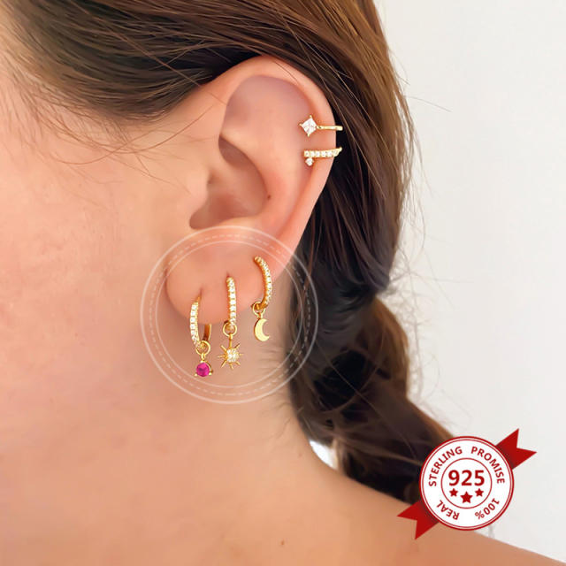 925 needle color cubic zircon statemetn tiny pendant copper huggie earring set