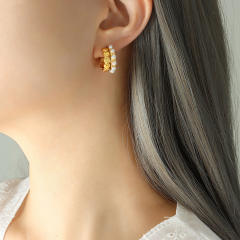 Vintage faxu pearl beads open hoop stainless steel earrings