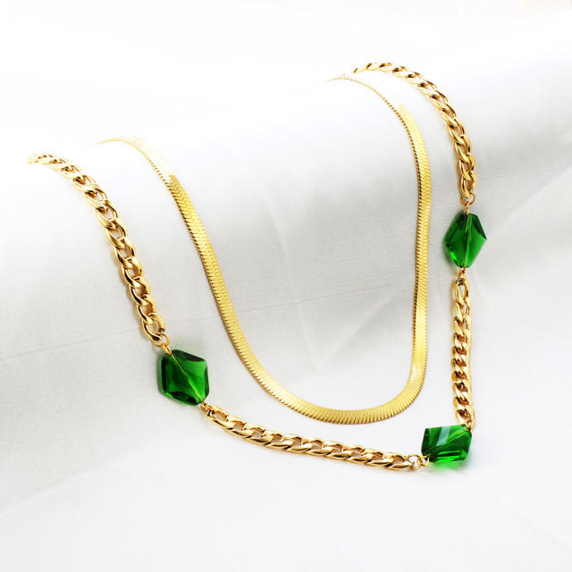 Vintage green color glass crystal statement two layer stainless steel necklace