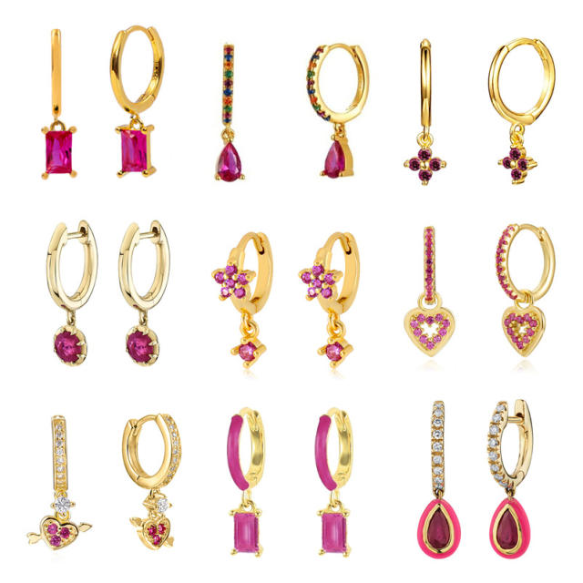 925 needle rose color cubic zircon series copper huggie earrings