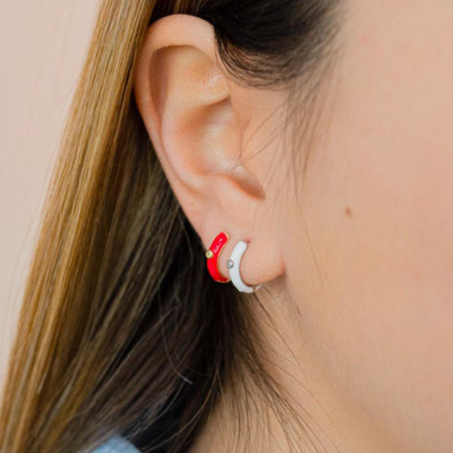 INS 925 needle white color enamel series copper huggie earrings