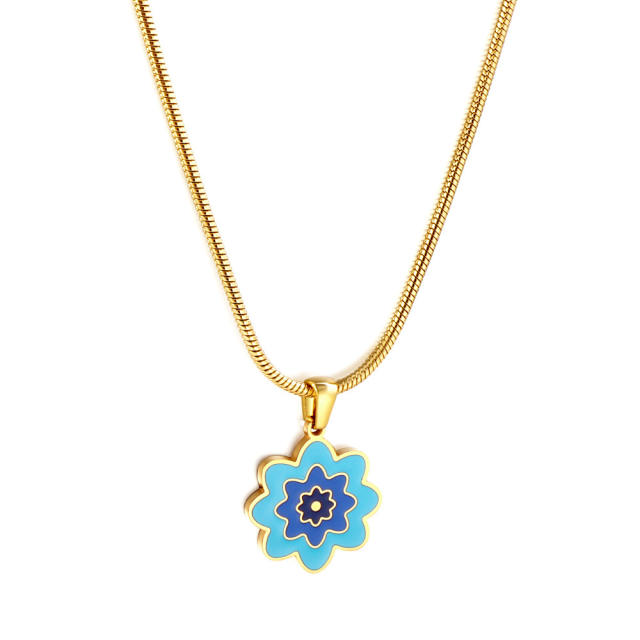 Color enamel flower pendant stainless steel necklace