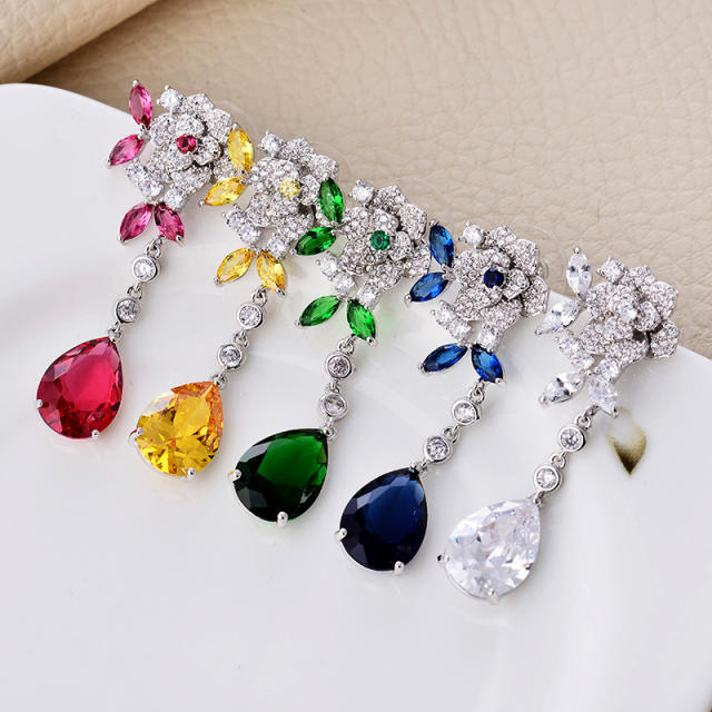 Elegant colorful cubic zircon drop flower earrings