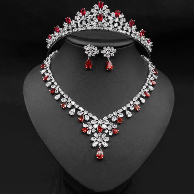 Luxury colorful cubic zircon statement crown necklace earring set
