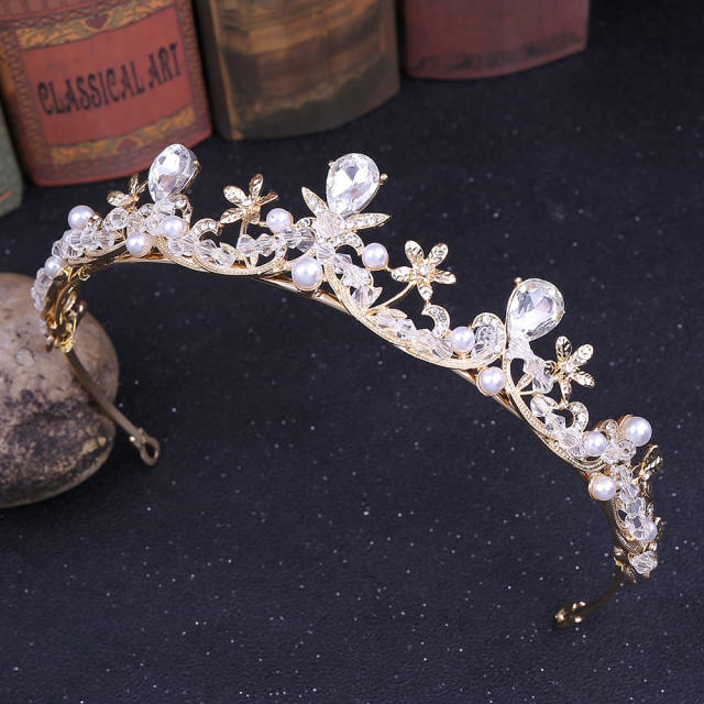 Korean fashion handmade diamond pearl headband crown