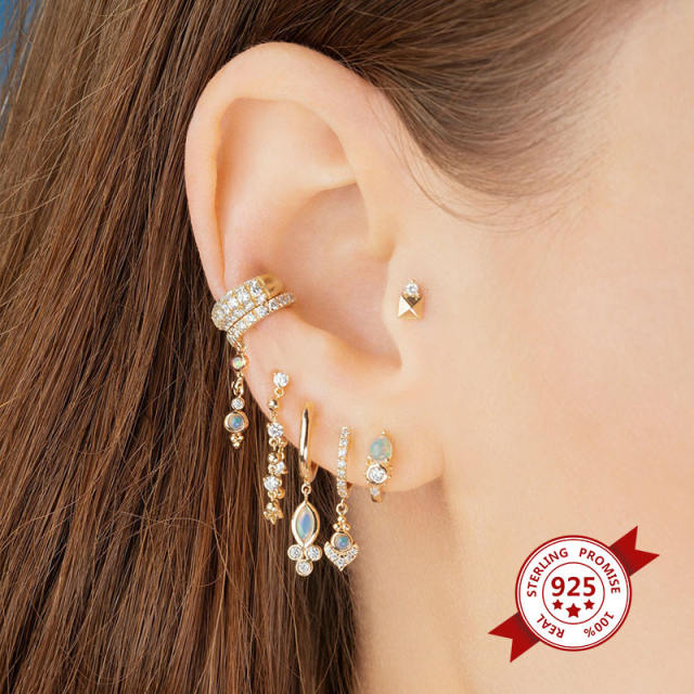 925 needle opal stone statement copper huggie earrings