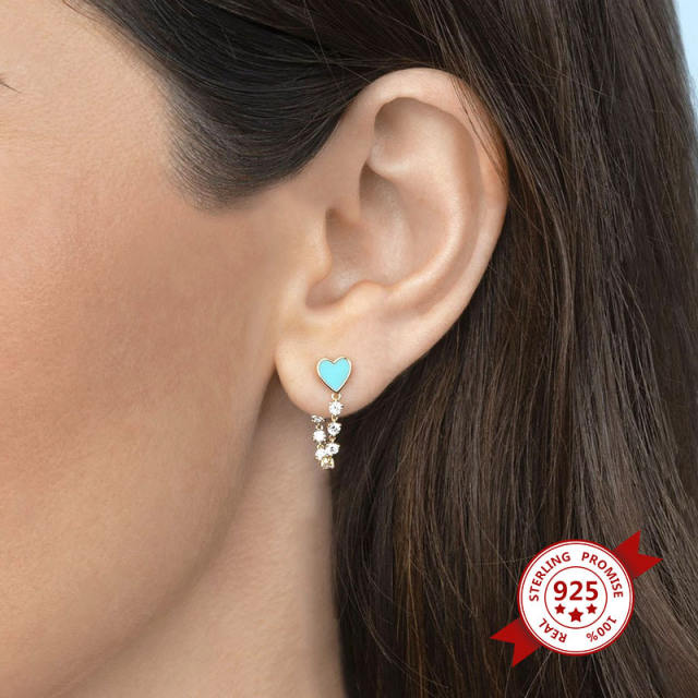 925 needle enamel heart diamond chain copper huggie earrings