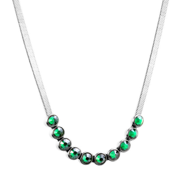 Vintage green color glass crystal statement two layer stainless steel necklace
