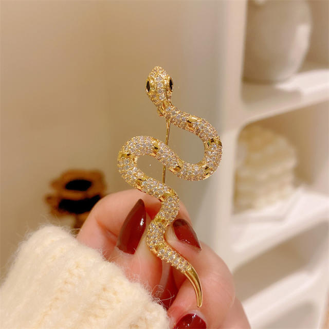 Elegant diamond snake real gold plated brooch