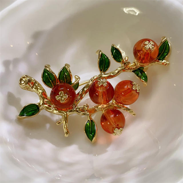 Chinese treen persimmon design real gold plated brooch