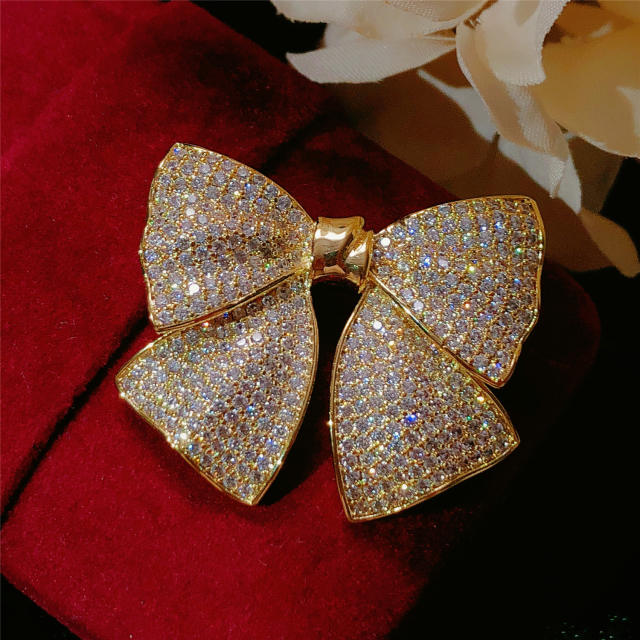 Korean fashion pave setting diamond bow brooch
