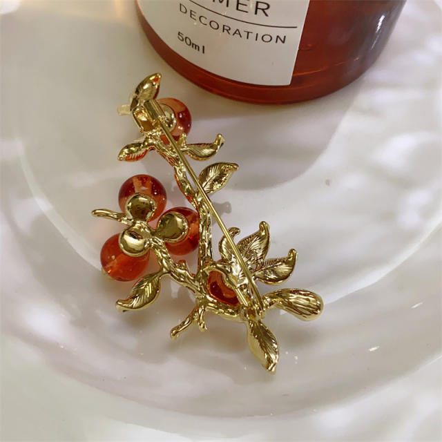 Chinese treen persimmon design real gold plated brooch