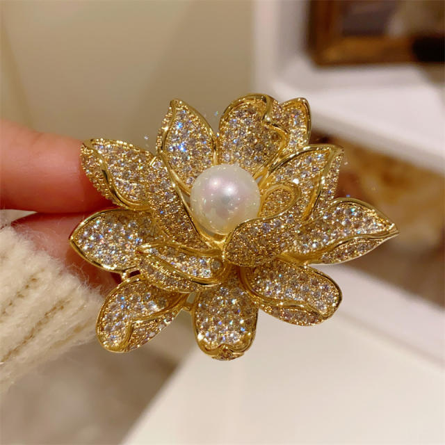 Classic pave setting diamond lotus brooch