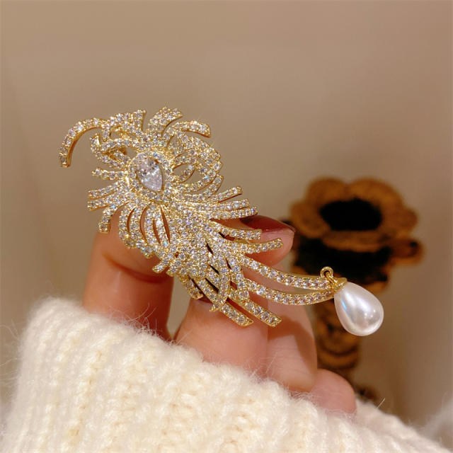 Elegant pave setting diamond feather design brooch