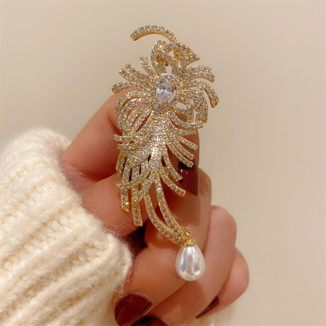 Elegant pave setting diamond feather design brooch