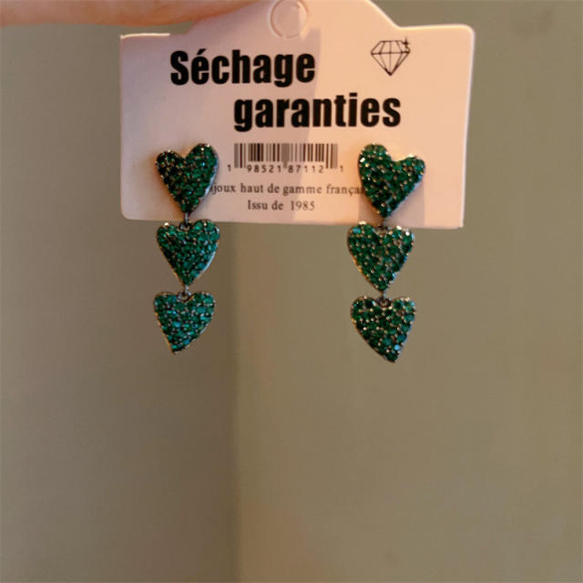 Pave setting dark green rhinestone heart earrings