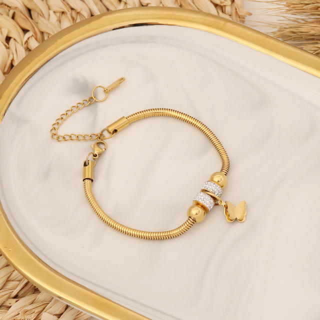 Full diamond heart charm stainless steel snake chain bracelet