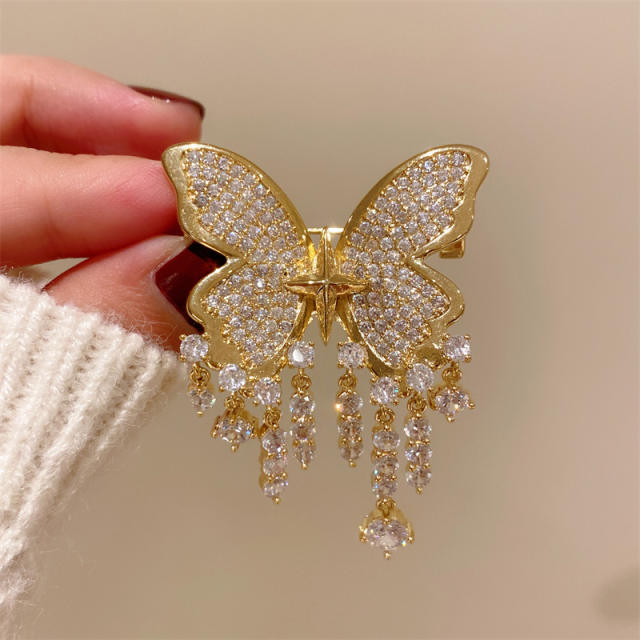 Korean fashion luxury pave setting cubic zircon butterfly tassel brooch