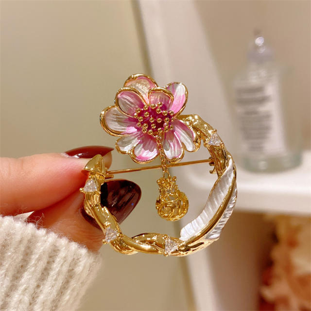 Chinese trend pink color bloom flower real gold plated copper brooch