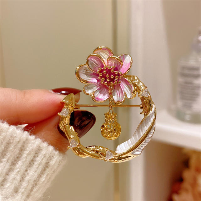 Chinese trend pink color bloom flower real gold plated copper brooch