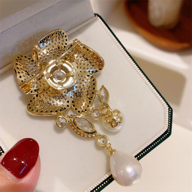 Vintage diamond flower pearl drop brooch