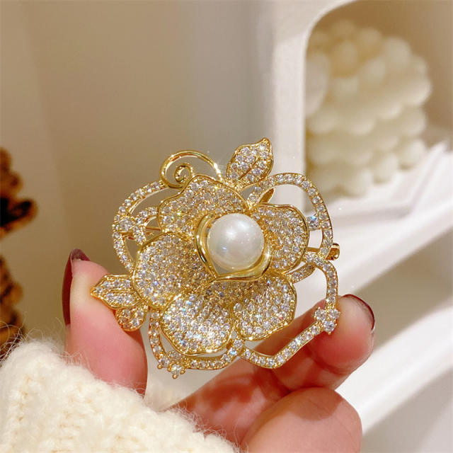 Elegant pave setting diamond pearl lotus brooch