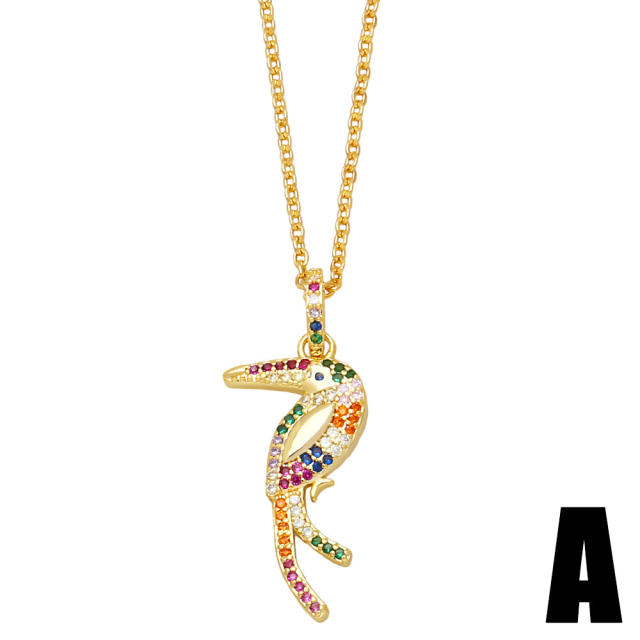 Personality rainbow cubic zircon flamingo pendant copper necklace