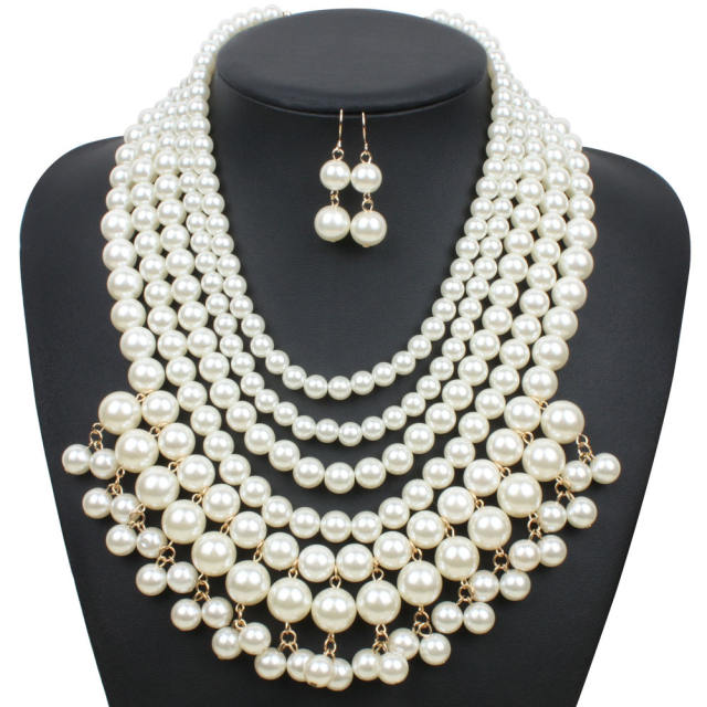 Elegant faux pearl bead layer necklace set